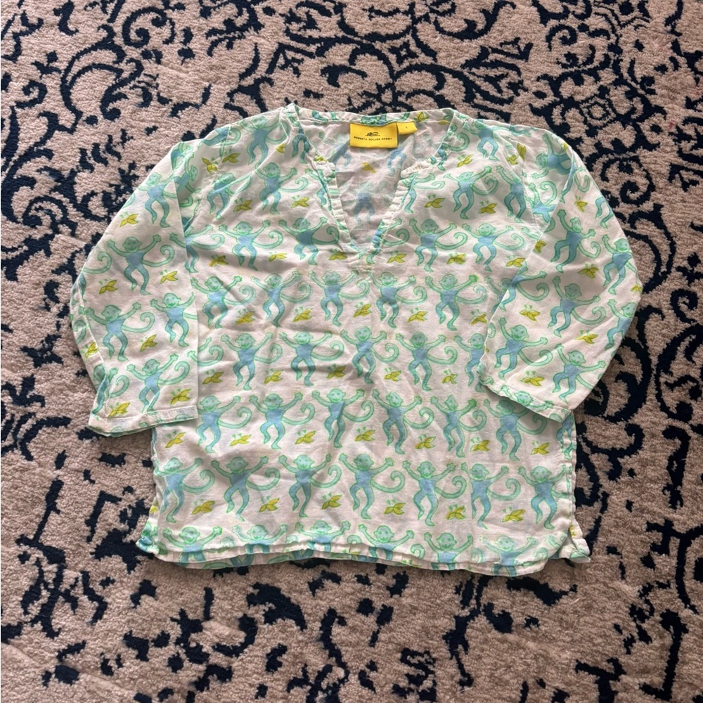 Roberta Roller Rabbit Girls White Tunic with Aqua and Lime Monkey Print